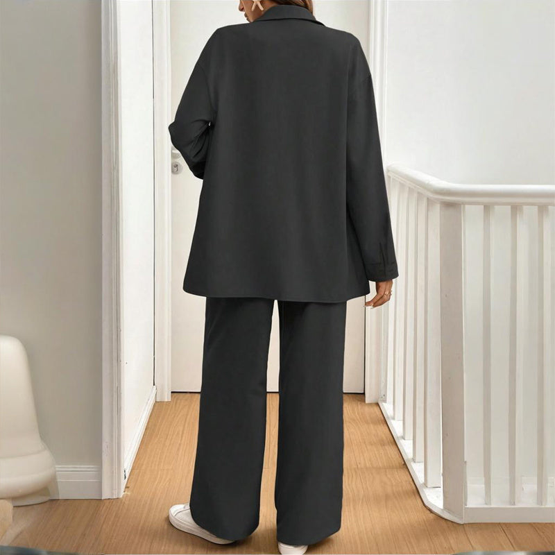 Women's Solid Color Shirt & Pants Set - Long Sleeve Button-Down Top With Elastic Waist Straight Pants Minimalist Casual Outfit