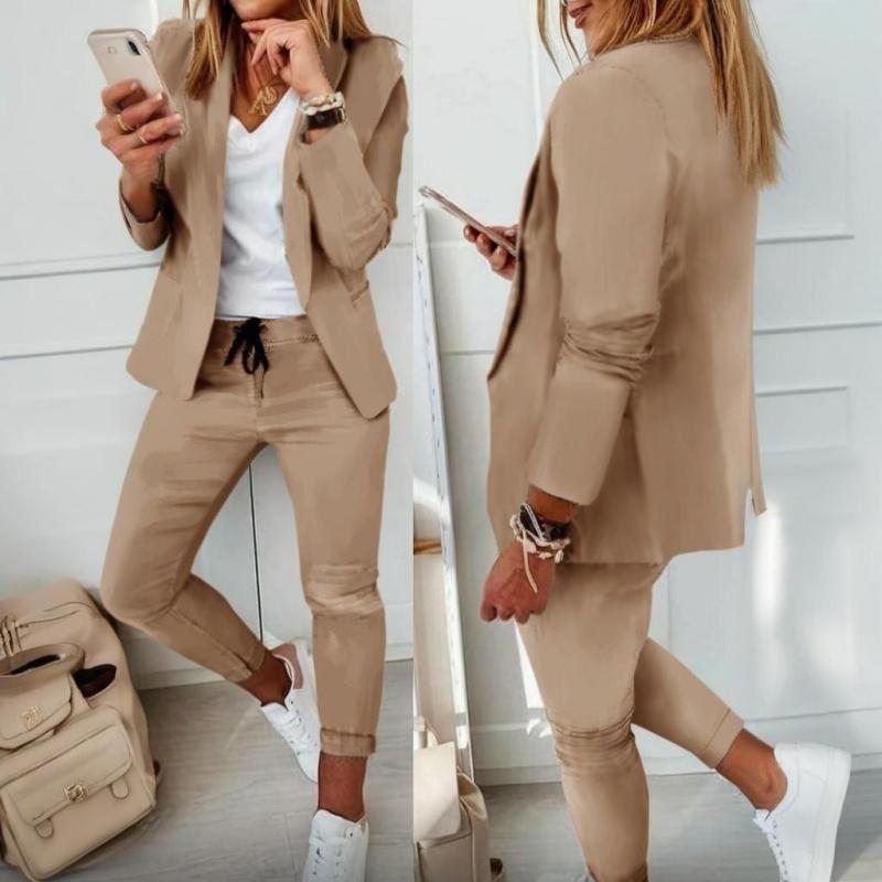 Women's Solid Color Long Sleeve Suit Set - Stylish Notch Lapel Blazer With Pockets & Drawstring Waist Pants, Spring&Fall Business Casual Outfit