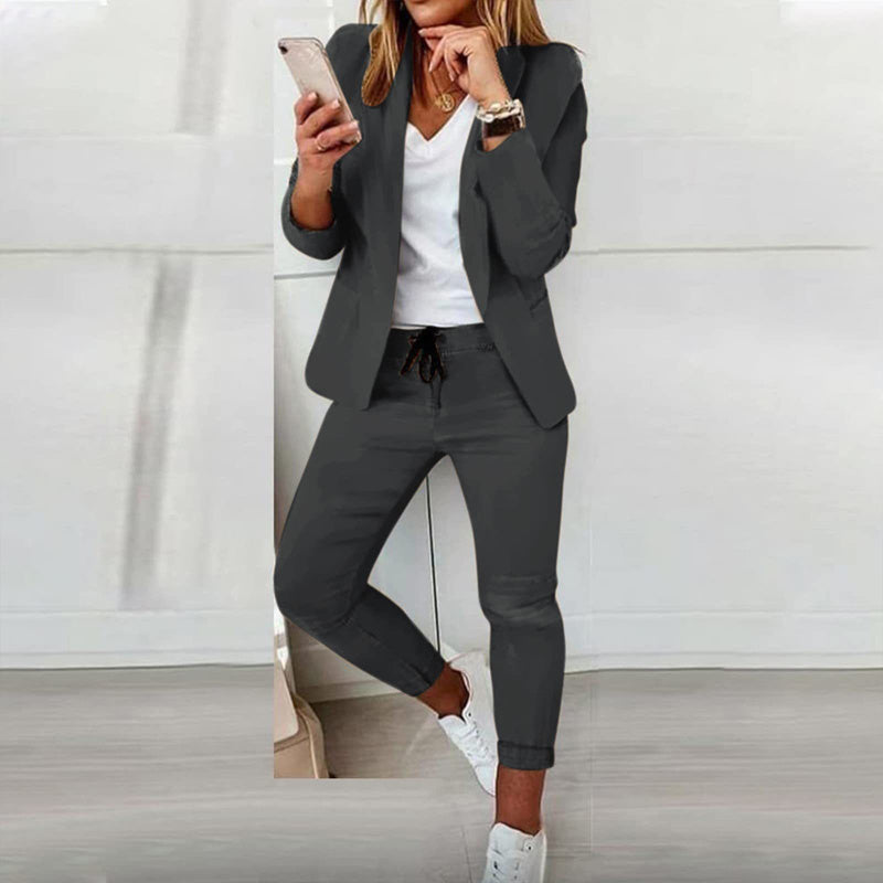Women's Solid Color Long Sleeve Suit Set - Stylish Notch Lapel Blazer With Pockets & Drawstring Waist Pants, Spring&Fall Business Casual Outfit