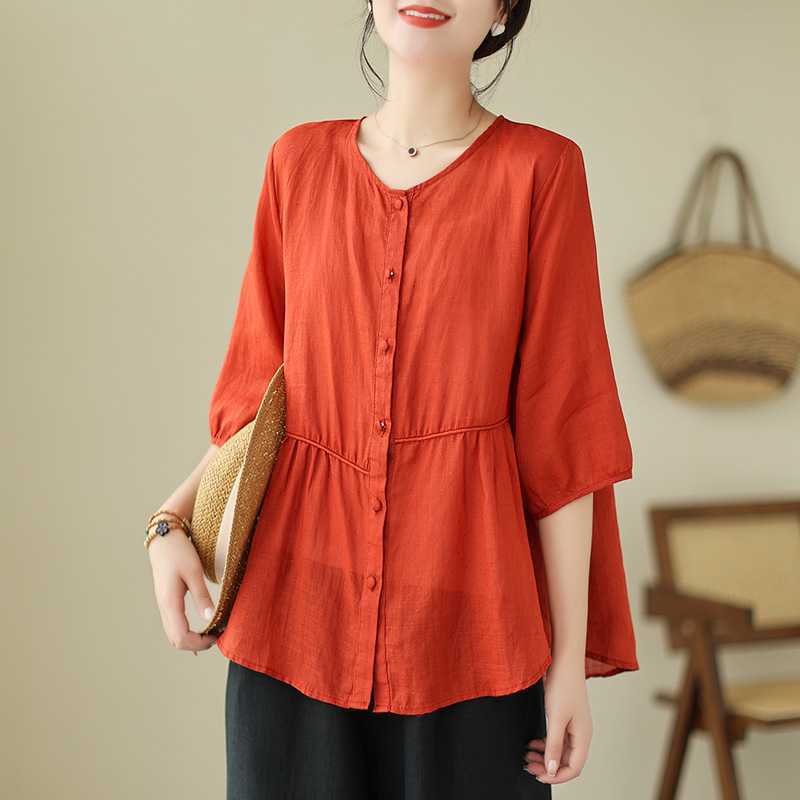 Artistic New Cotton And Linen Retro Crew Neck Top