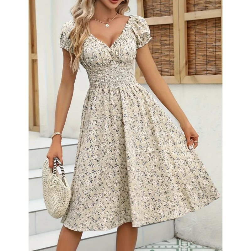 Women's Floral Summer Dress Casual Short Sleeve Ruffle Flowy Midi Sundress Boho Beach Vacation Dress