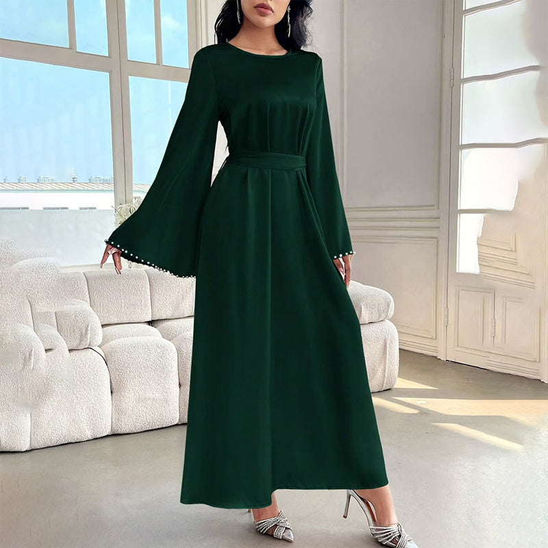 Elegant Round Neck Solid Color Flared Maxi Dress Long Sleeve With Pearl Cuff Detail, Modest A-Line Middle Eastern Abaya Party & Vacation Dress For Women