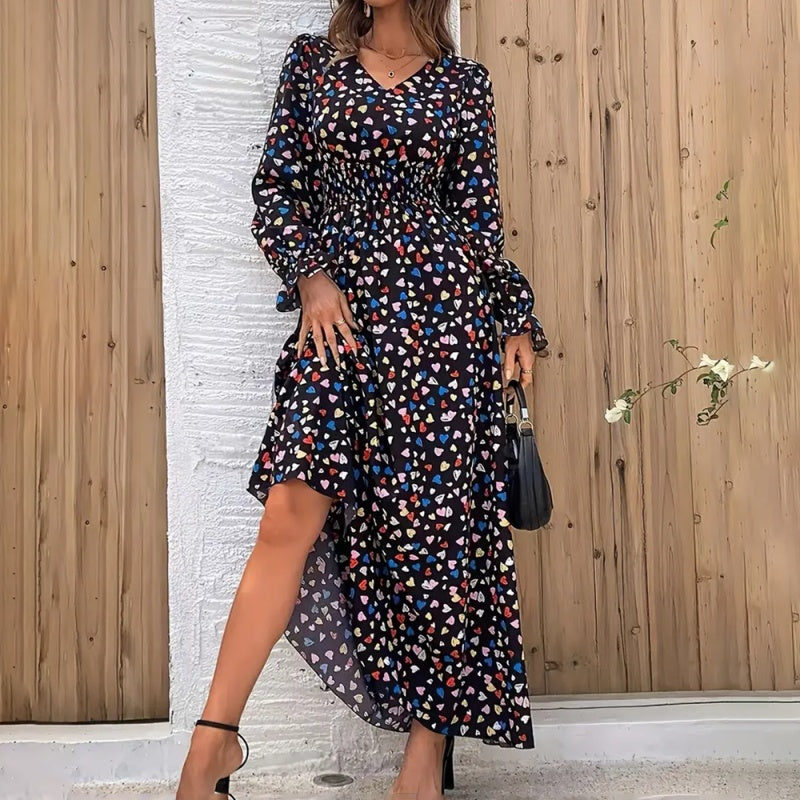 Women's V-Neck Floral Print Long Sleeve Maxi Dress - A-Line Hem With Lace Cuff Details, Elegant Bodycon Dress For Spring&Summer