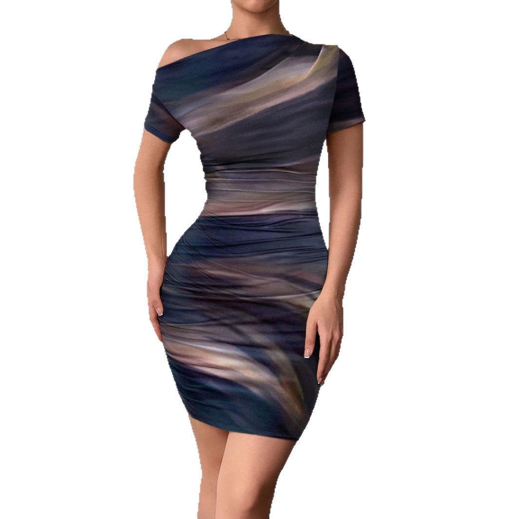 Elegant Tie-dyed Short-sleeved Women's Dress Slim-fit Slimming Sheath