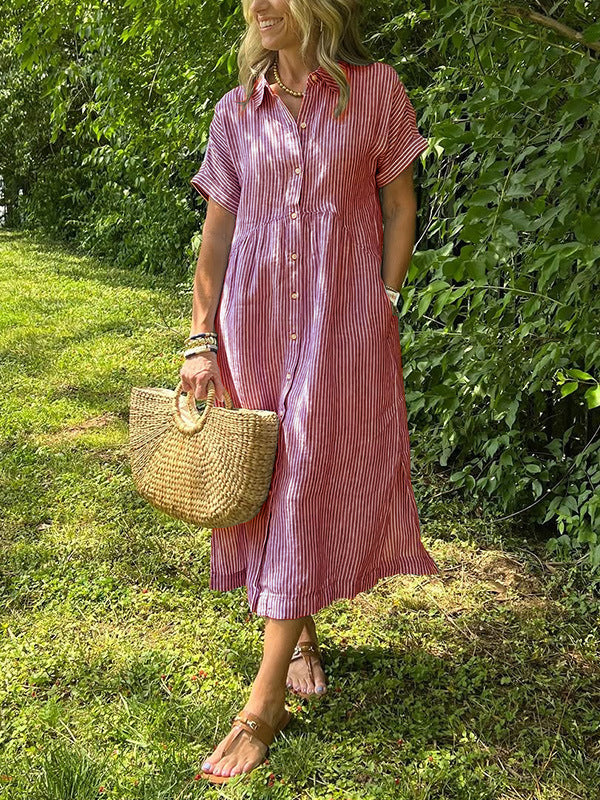 Loose Striped Short Sleeve Casual Cotton And Linen Dress