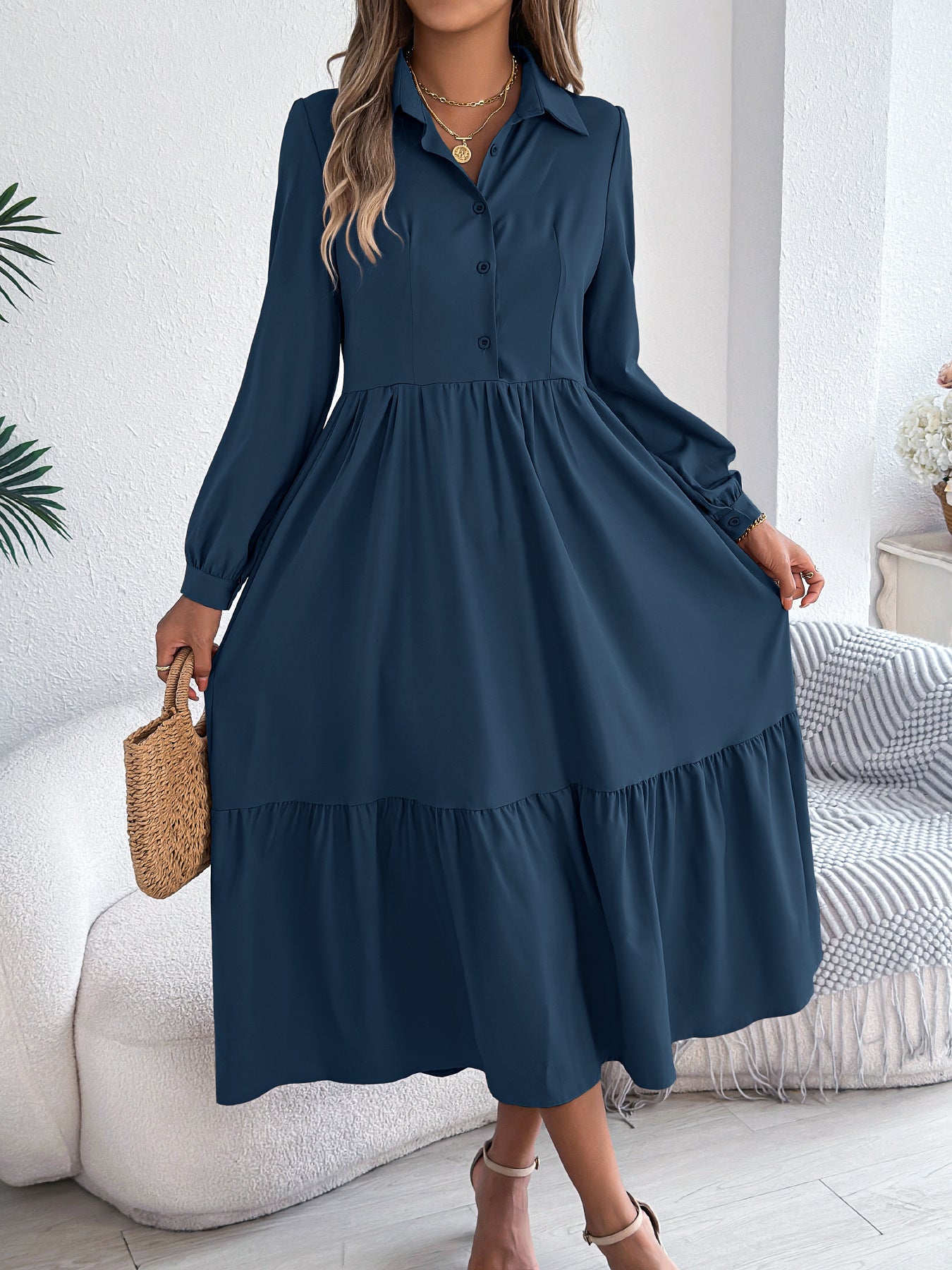 Women's Lapel Casual Loose Long Sleeve Ruffled Shirt Dresses Long Sleeved Turn-down Collar Single-Breasted Dress Spring Autumn Fashion Women's Clothing For Vacation