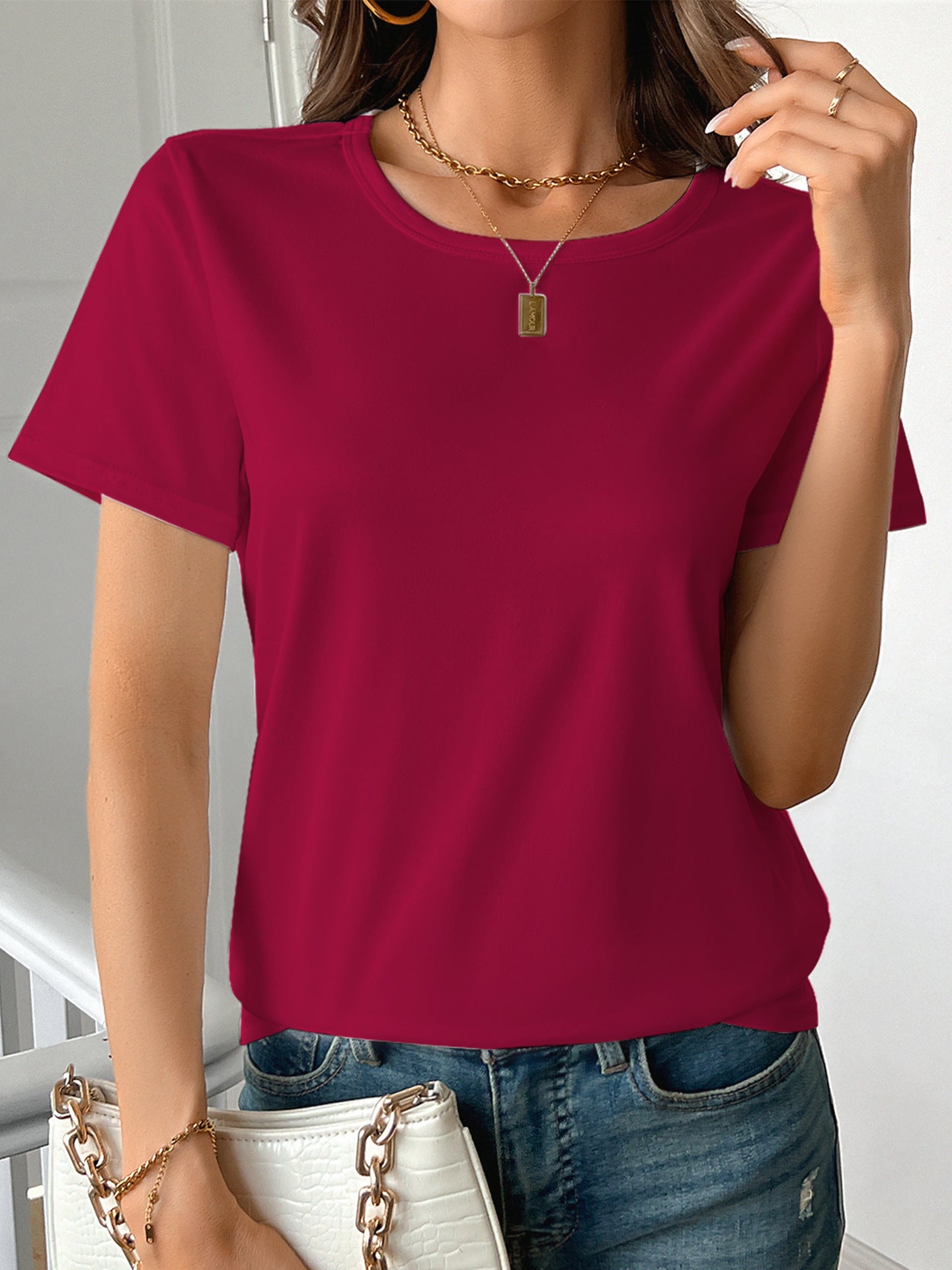 Casual Women's Round Neck Short Sleeve Sports Pure Cotton T-shirt