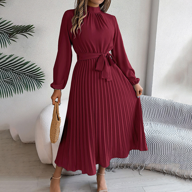 Elegant High Neck Long Sleeve Pleated Maxi Dress - Solid Color Flowy Dress For Women, Casual To Formal Wear