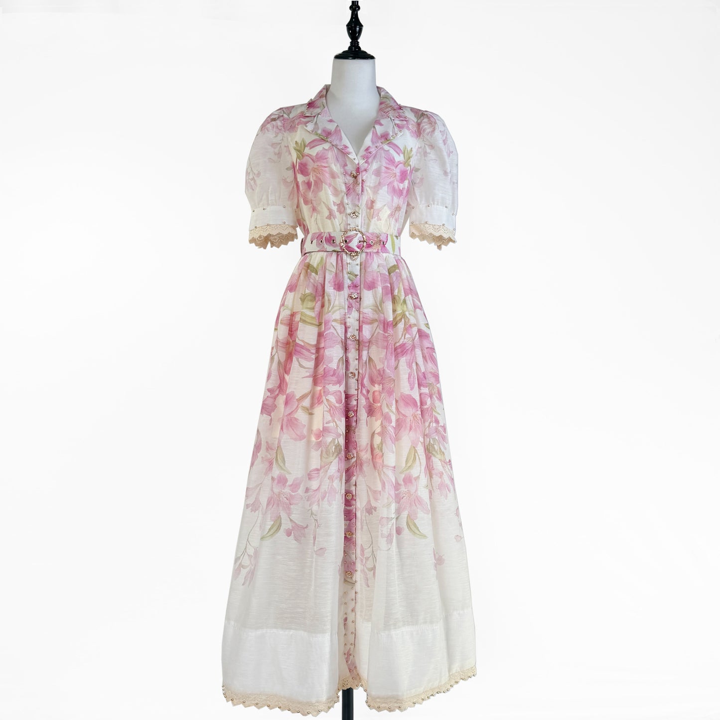 Lace Ruffled Short Sleeves Printed Style Dress