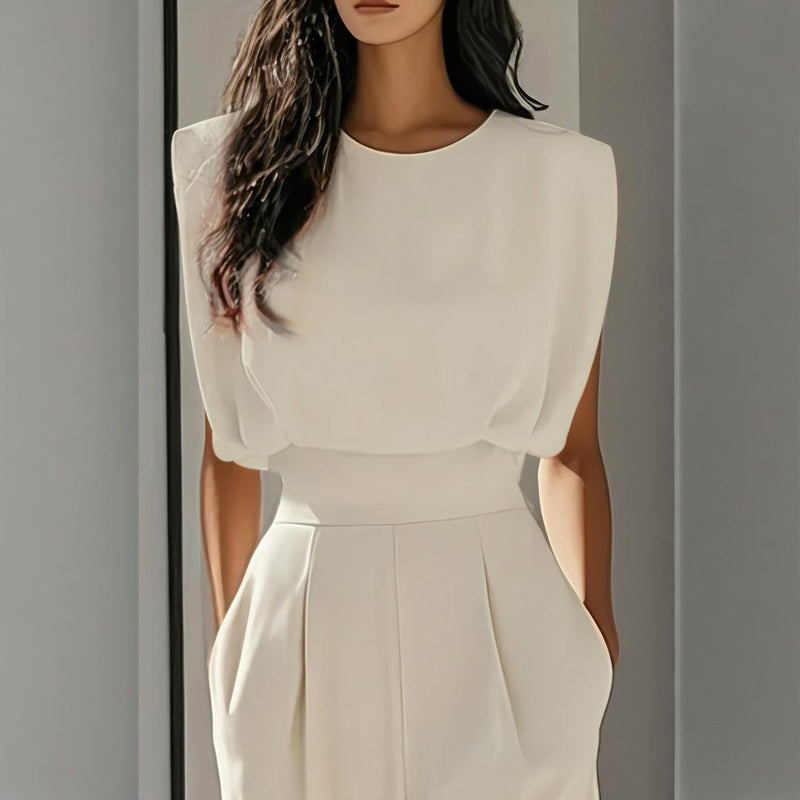 Women's Solid Color Round Neck Short Sleeve Wide-Leg Jumpsuit With Waist Design & Pockets Casual Romper For Spring&Summer