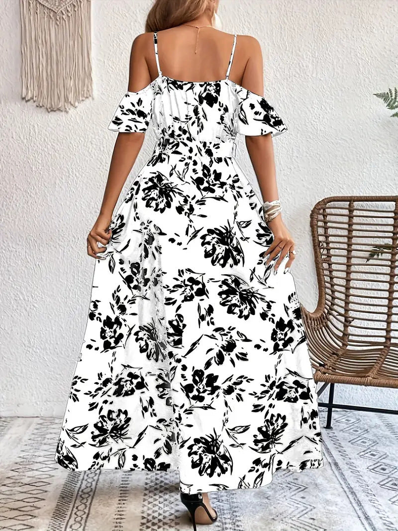 Ins Off-Shoulder Split Dress Summer Floral Print Suspender Long Dresses With Belt Design Women's Beach Clothing