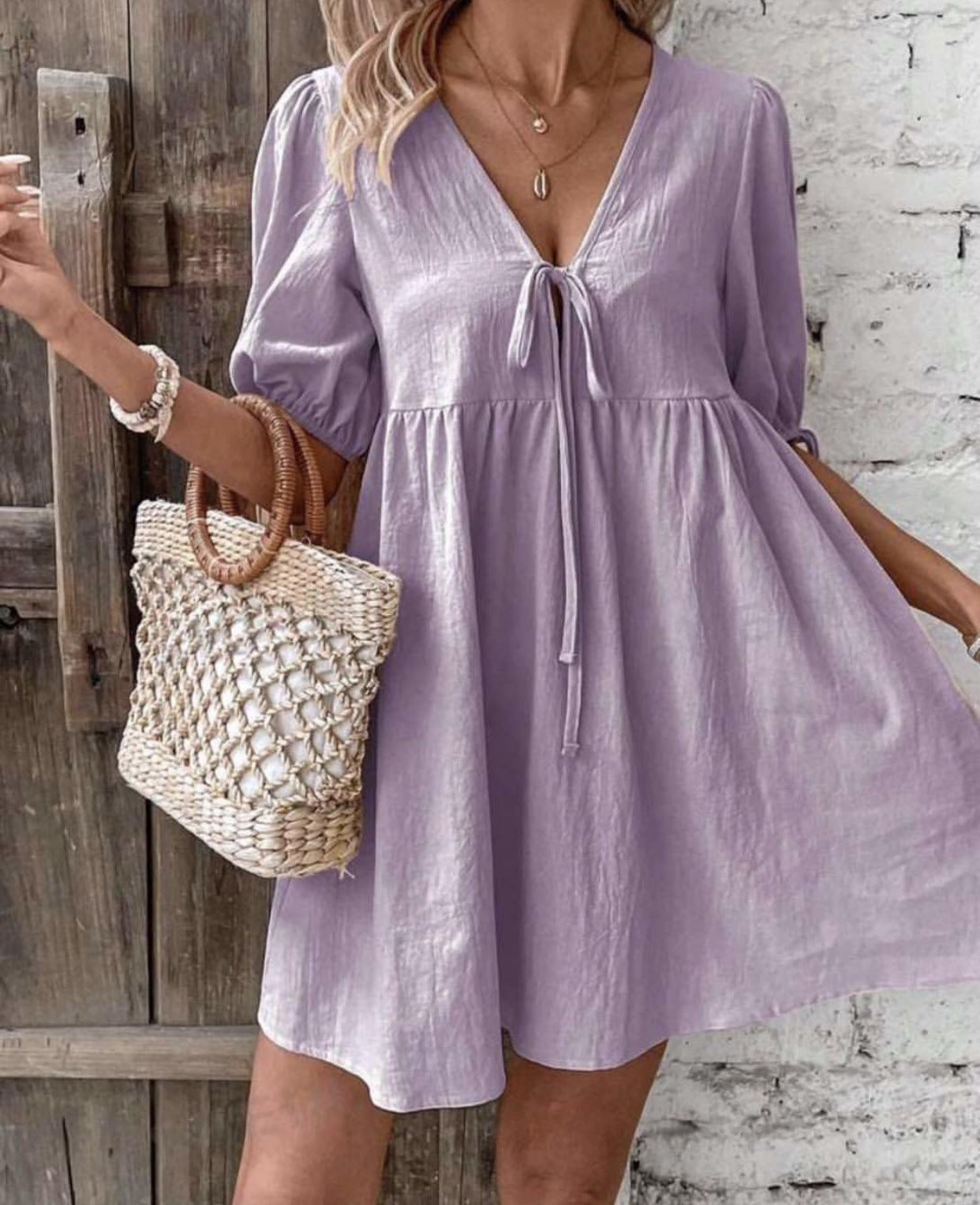 Deep V-neck Design Chest Lace-up A- Line Dress