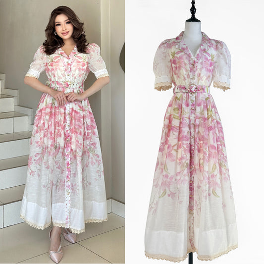 Lace Ruffled Short Sleeves Printed Style Dress