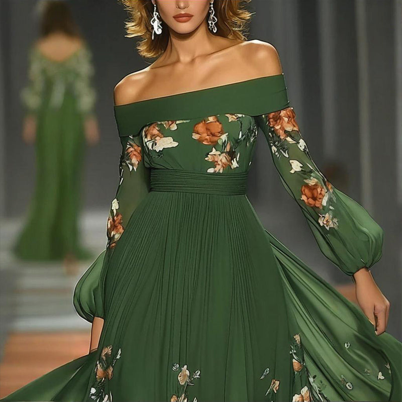 Women's Green Off-Shoulder Floral Print Dress With Puff Sleeves - Flowy A-Line Maxi Evening Dress