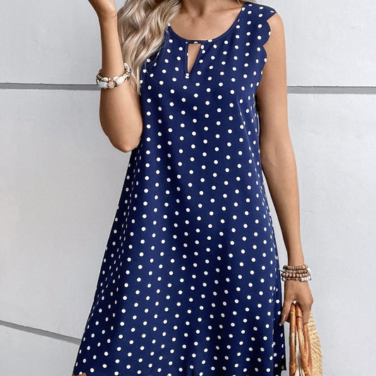 Ladies' Casual Pullover With Polka Dot Hollowed Out Collar And Round Neck Wavy Edge Dress