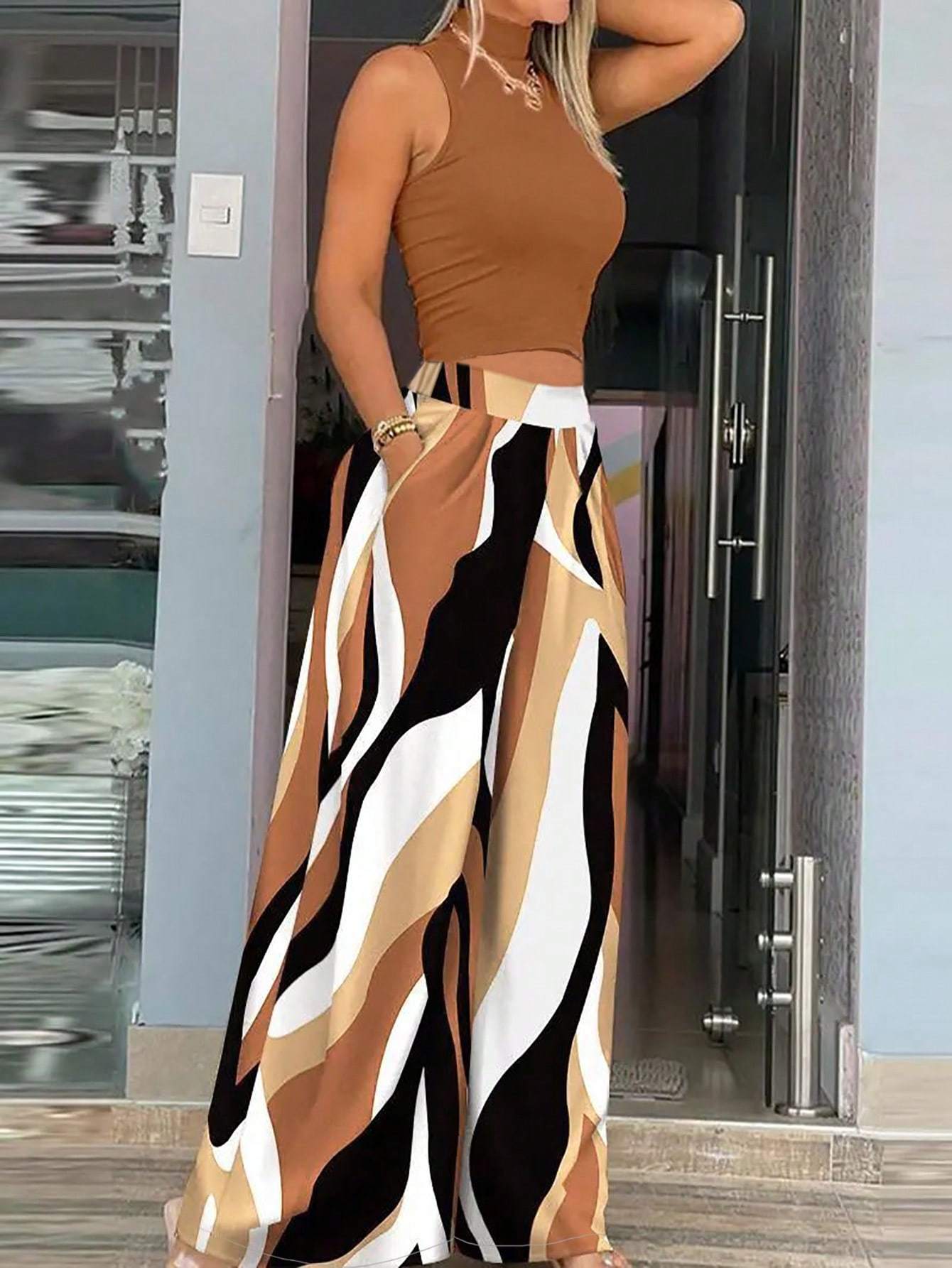 Women's Casual Vacation Style Semi-High Neck Knitted Top Set