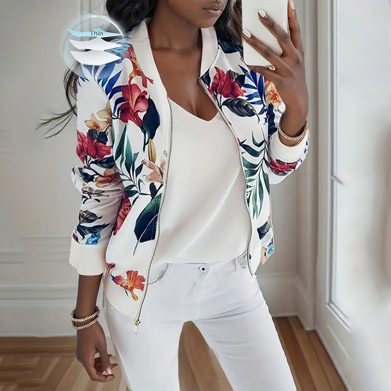 Women's Zip-Up Jacket With All-Over Botanical Print, Round Neck Long Sleeve Casual & Formal Wear For Spring&Fall
