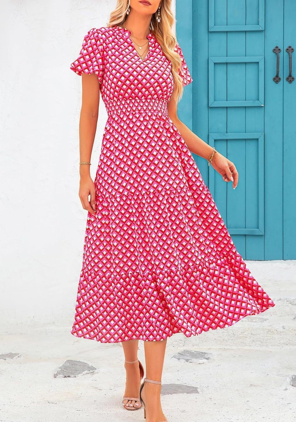 Women's V-neck Bubble Pleated Print Short Sleeve Dress