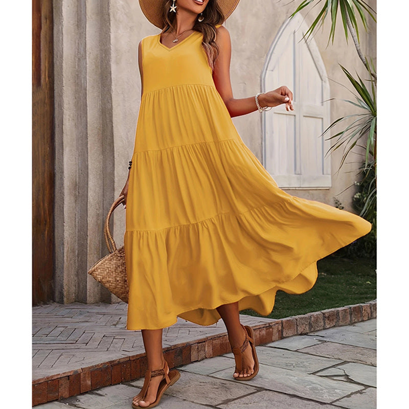 Women's Summer Casual Sleeveless V Neck Swing Dress Flowy Tiered Maxi Beach Dress