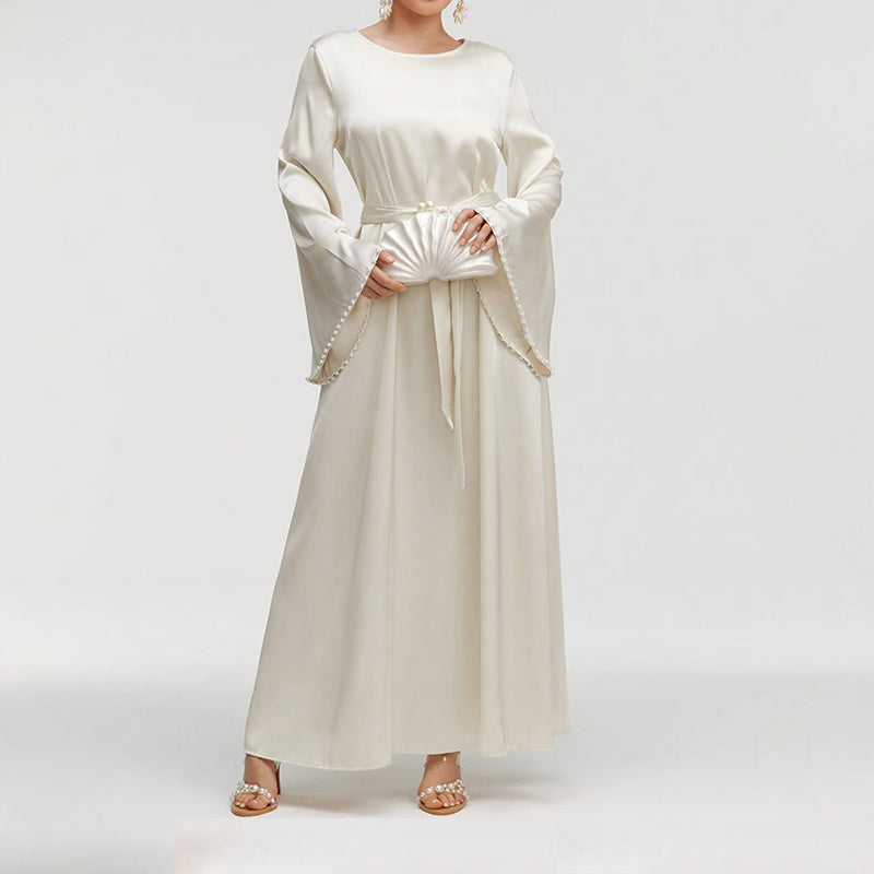 Elegant Round Neck Solid Color Flared Maxi Dress Long Sleeve With Pearl Cuff Detail, Modest A-Line Middle Eastern Abaya Party & Vacation Dress For Women