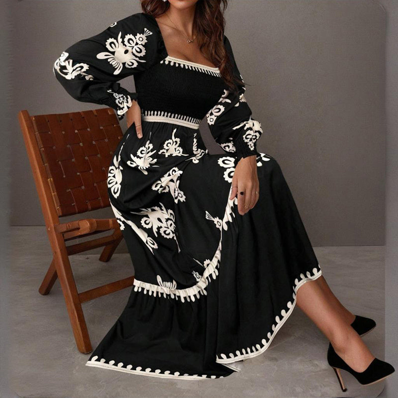 Elegant Women's Retro Geometric Print Lantern Sleeve Dress - Square Neck A-Line With Elastic Cuffs, Casual & Formal Dress