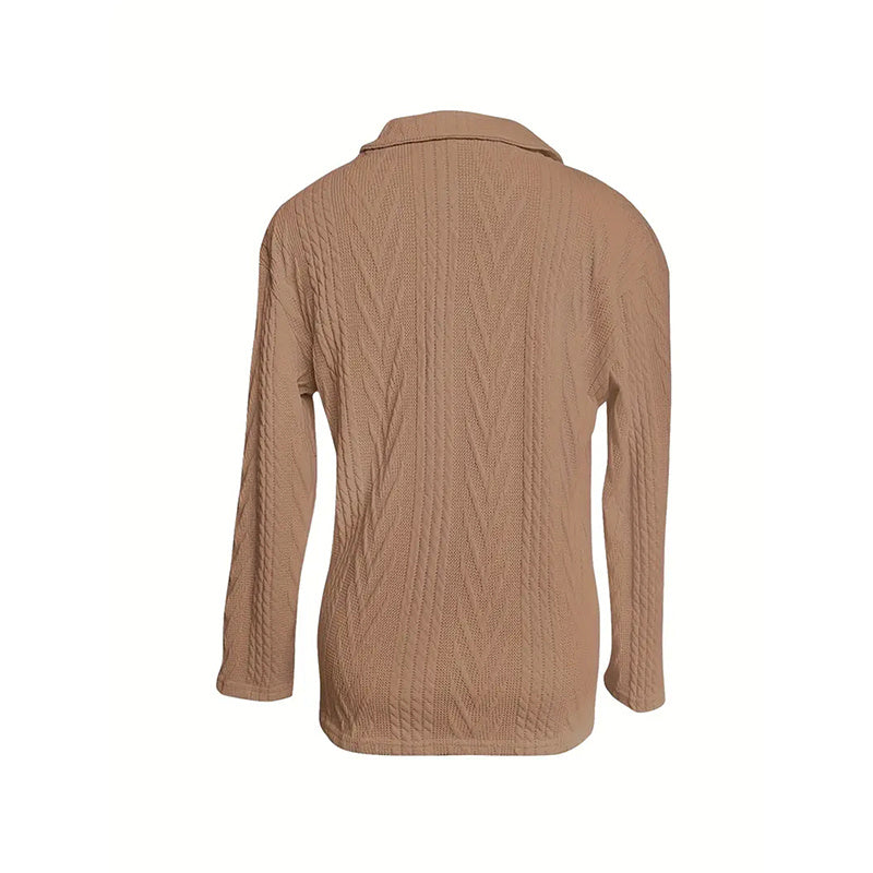 Women's Solid Color Textured Zip-Up Collared Long Sleeve Top - Casual Fall&Spring Blouse With Stretchy Comfort Fit