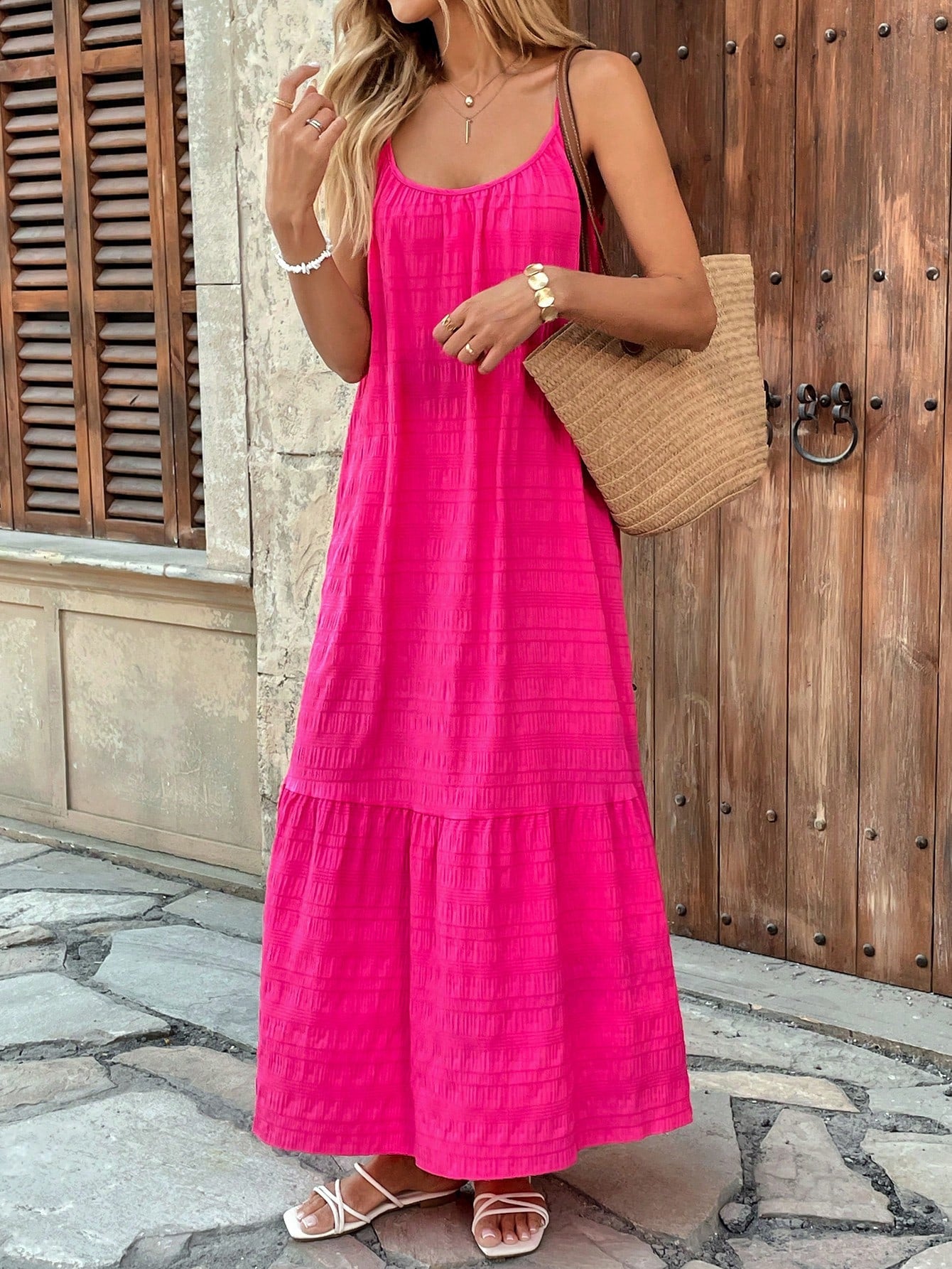 Drawstring Multi-layer Ruffled Decorative Extra Long Sling Dress