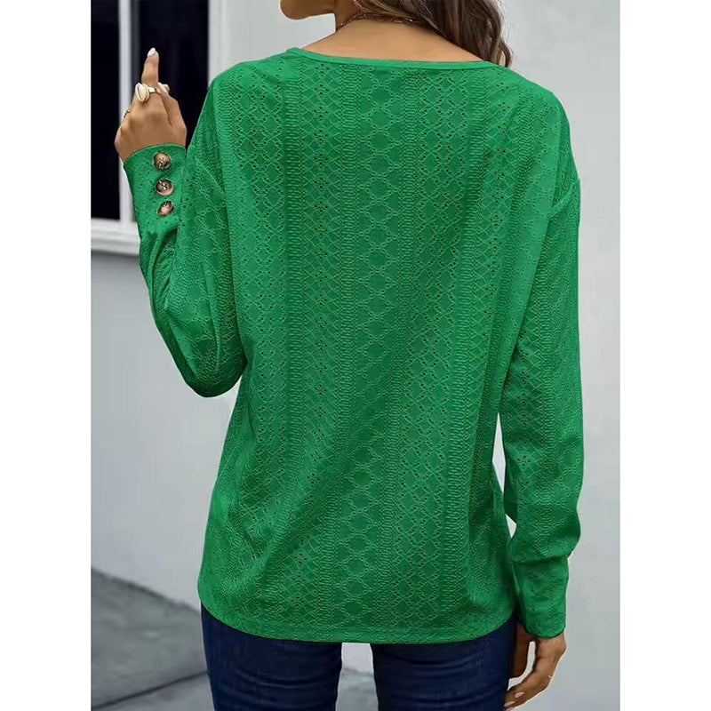 Womens Long Sleeve Eyelet Tops V Neck Fall Shirts Casual Loose Blouses Trendy Clothes
