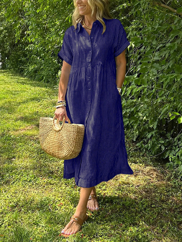 Loose Striped Short Sleeve Casual Cotton And Linen Dress