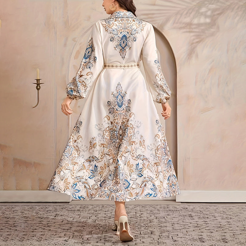 Women's Elegant Casual Knee-Length Dress - Drawstring Long Sleeves, Middle Eastern Lapel Print Adjust Tie Waist Belt Vacation & Party Dress