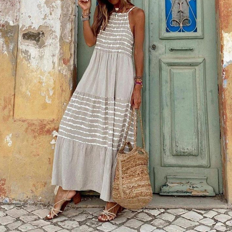 Women's Halter Neck Sleeveless Dress Casual Loose Striped Summer Vacation Long Maxi Dresses