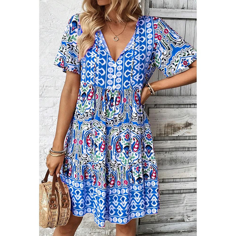 Women Casual Summer Dress Boho Drawstring V Neck Short Sleeve Floral Print Flowy Beach Dress