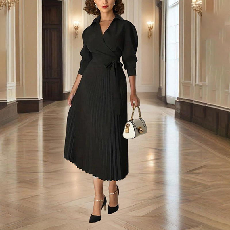 Women's Cross V-Neck Lapel Solid Color Long Sleeve Pleated Maxi Dress With Tie Waist Casual & Formal Dress For Spring & Fall