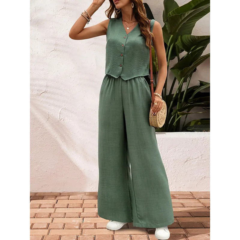Womens Two Piece Outfits Summer Fashion Button V Neck Crop Vest Blazer And Wide Leg Pants Suit Matching Sets