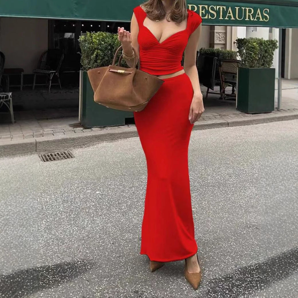 V-neck Short Sleeve Sexy Waist Hollow-out Top Sheath Skirt Suit