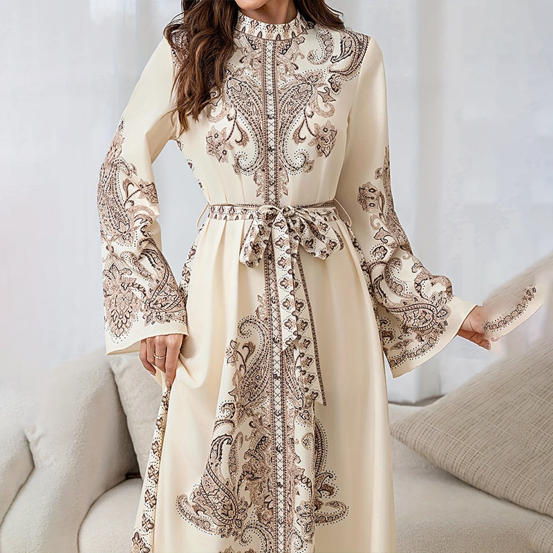 Women's Vintage High-Neck Floral Maxi Dress Loose Long Sleeve, Adjustable Waist Belt, Middle Eastern Inspired Holiday Dress Ankle-Length Gown