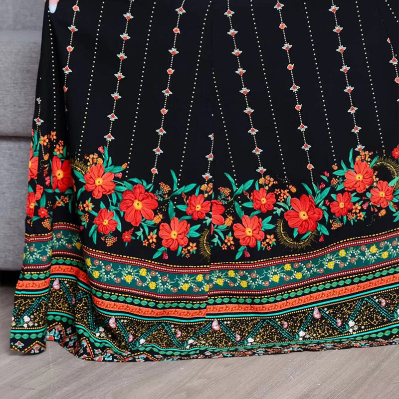 Women's Ethnic Style V-Neck Long Sleeve Dress - Embroidered Floral Pattern A-Line Maxi Dress With Printed Hem Middle Eastern Inspired Fashion