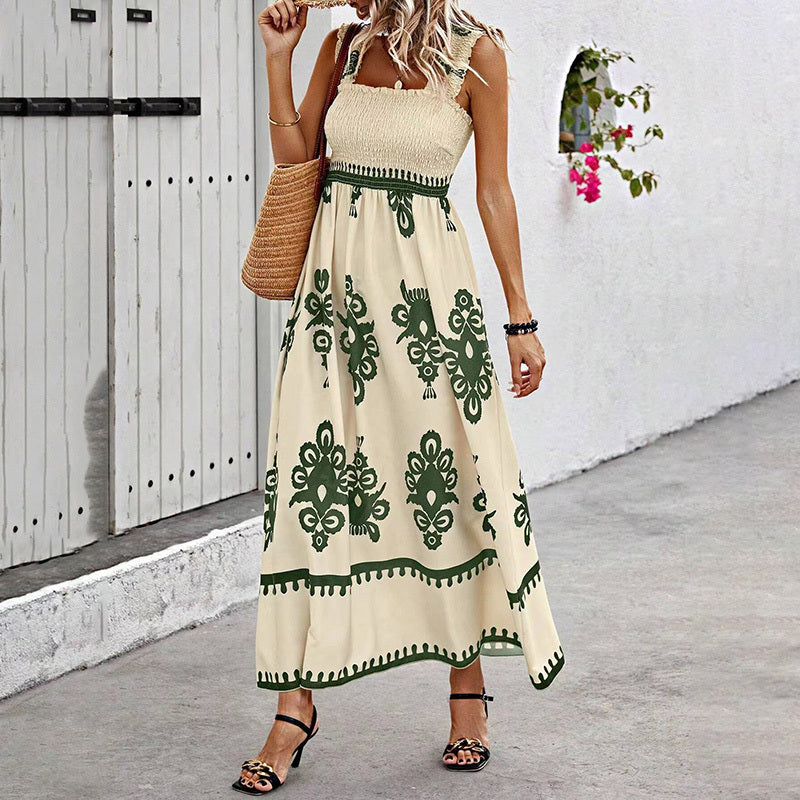 Women's Wide Strap Printed Maxi Dress With Bust Pleats, A-Line Vacation Dress