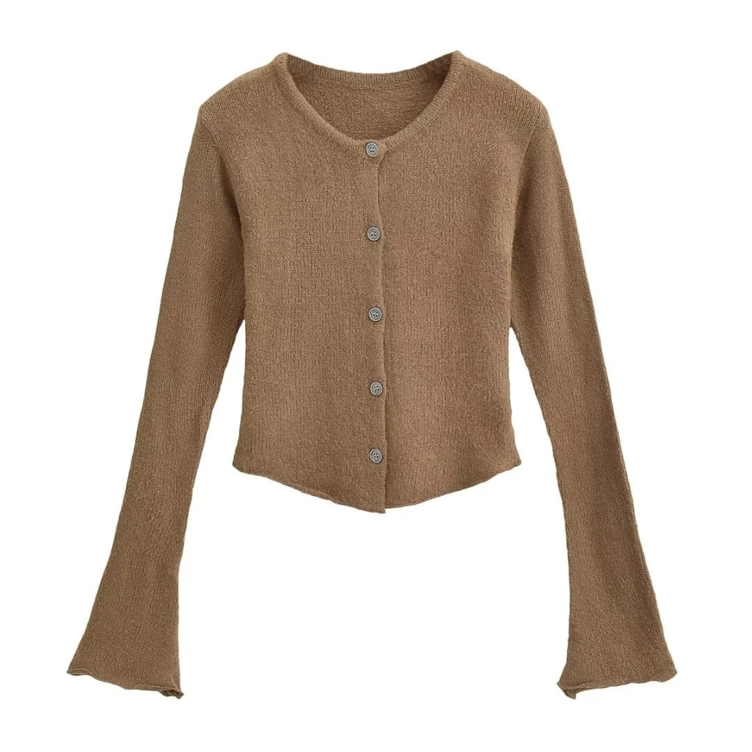 Women's Round Neck Single-breasted Bell-sleeve Sweater