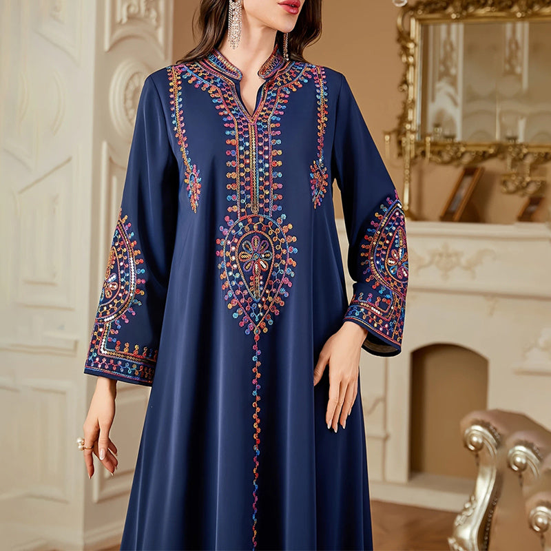 Elegant Women's Long Sleeve Floor-Length Dress - Stand Collar With Geometric Print & Sequins Detail Dress For Casual&Party Wear