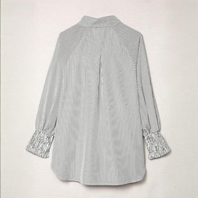 Women's Casual Striped Long Sleeve Shirt With Button-Down Collar & Knit Cuff Detail - Classic Spring&Fall Blouse