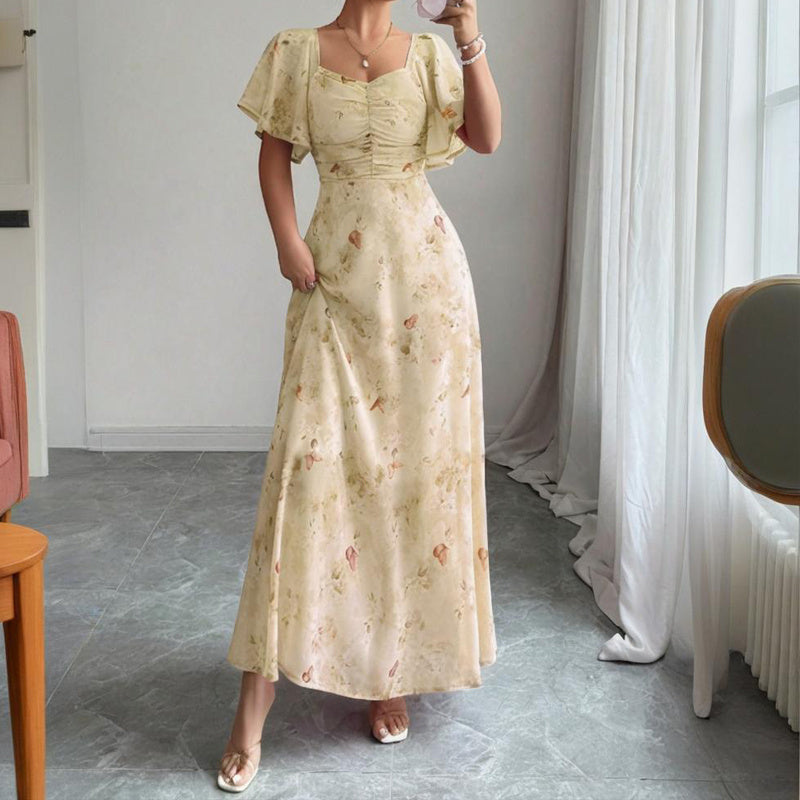 Women's Solid Color Square Neck Short Sleeve Butterfly Print Flowy Dress A-Line Summer Vacation Maxi Dress