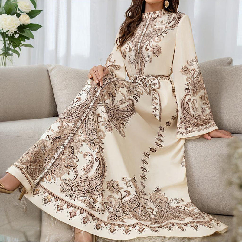 Women's Vintage High-Neck Floral Maxi Dress Loose Long Sleeve, Adjustable Waist Belt, Middle Eastern Inspired Holiday Dress Ankle-Length Gown