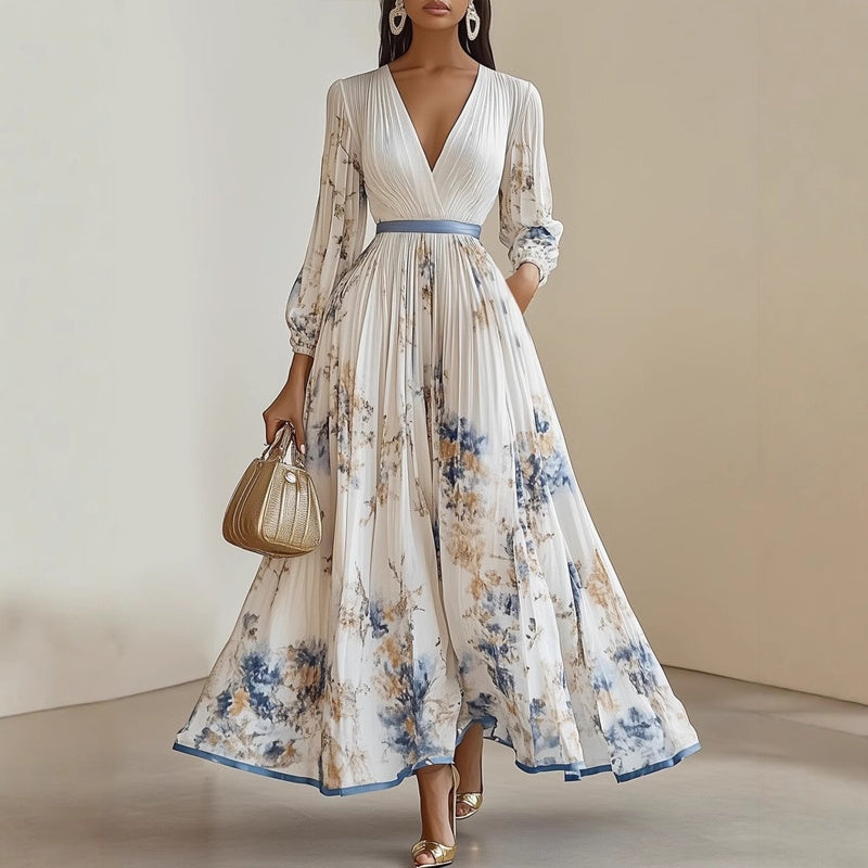 Women's Floral Print V-Neck Long Sleeve Maxi Dress A-Line Flowy Ruffled For Spring&Summer Vacation & Evening Party