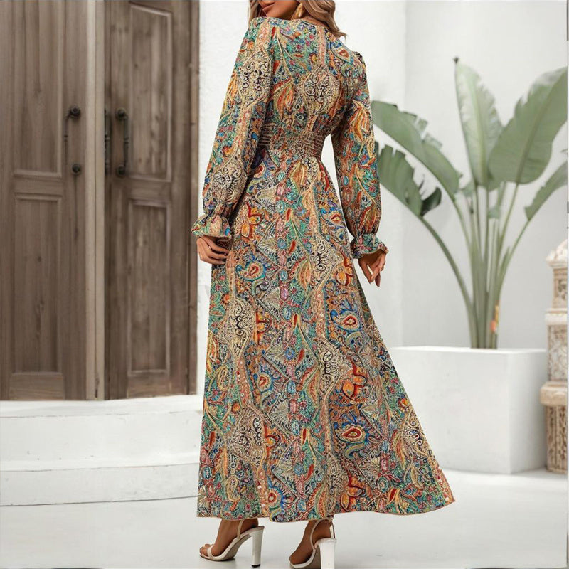 Women's V-Neck Retro Geometric Print Flounce Sleeve Dress - A-Line Maxi Dress With Smocked Waist For Spring&Summer