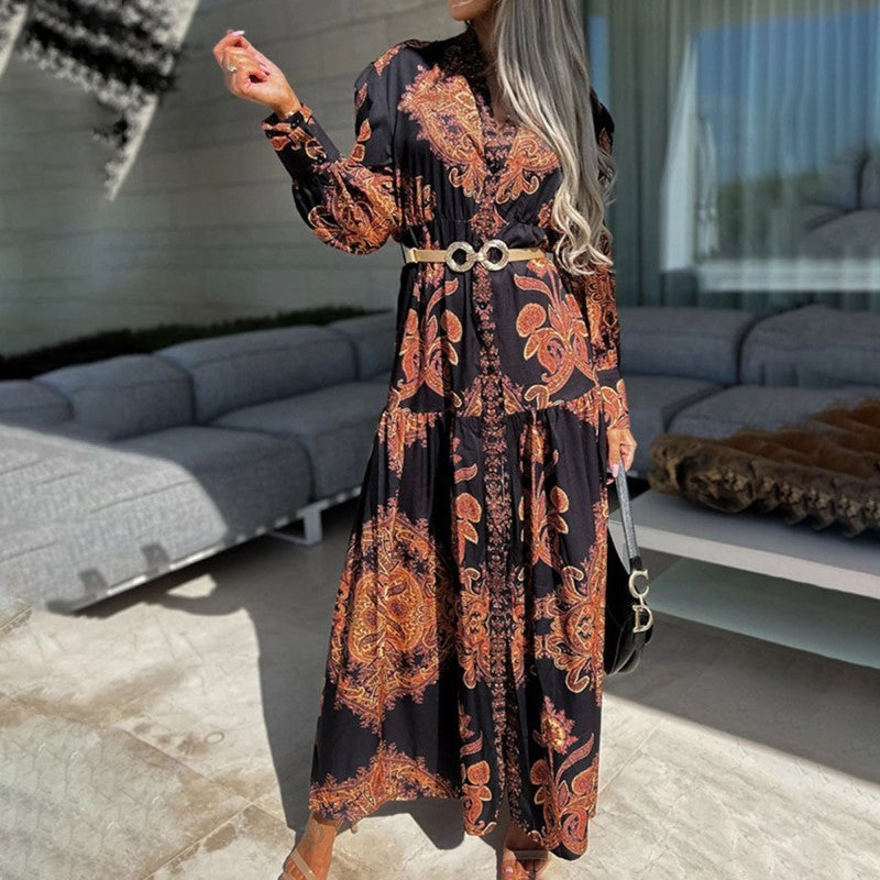 Women's Bohemian Flowy Maxi Dress - Charming V-Neck With Bell Sleeves, Bold Printed Pattern, Side Slit Design