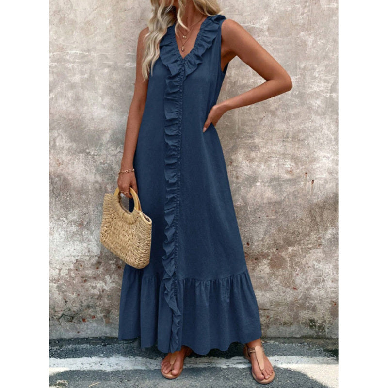 Women's Elegant Casual Summer Dress - V-Neck Sleeveless Ruffled Vacation Long Dress With Pleated Hem