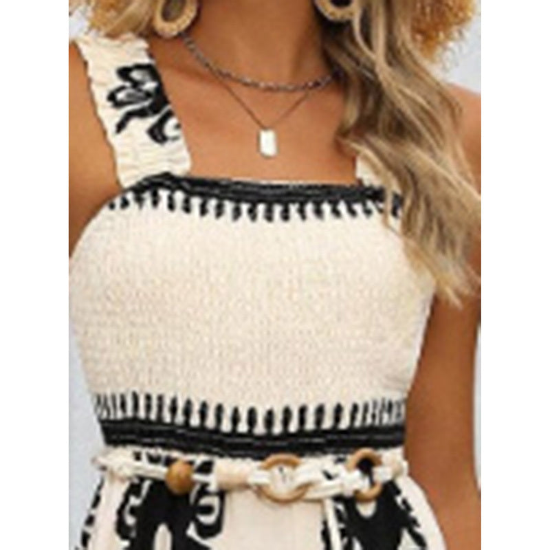 Women's Summer Boho Jumpsuits One Piece Beach Vacation Outfits Shirred Strap Wide Leg Pants Rompers With Pockets