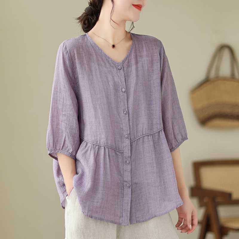 Artistic New Cotton And Linen Retro Crew Neck Top