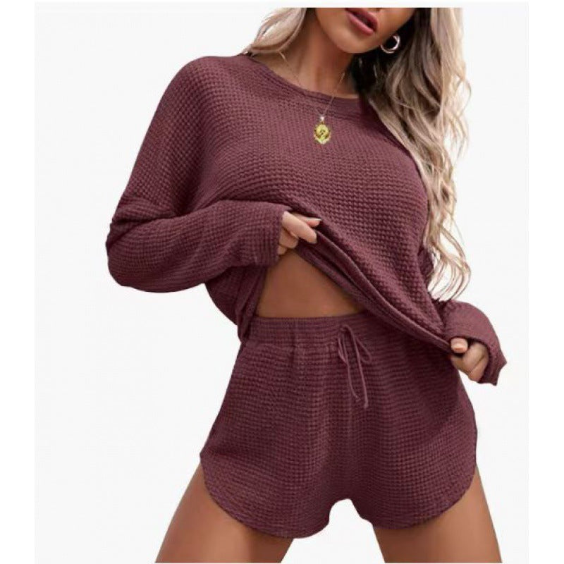 Women's Waffle Knit Pajamas Suit Long Sleeve Top And Shorts